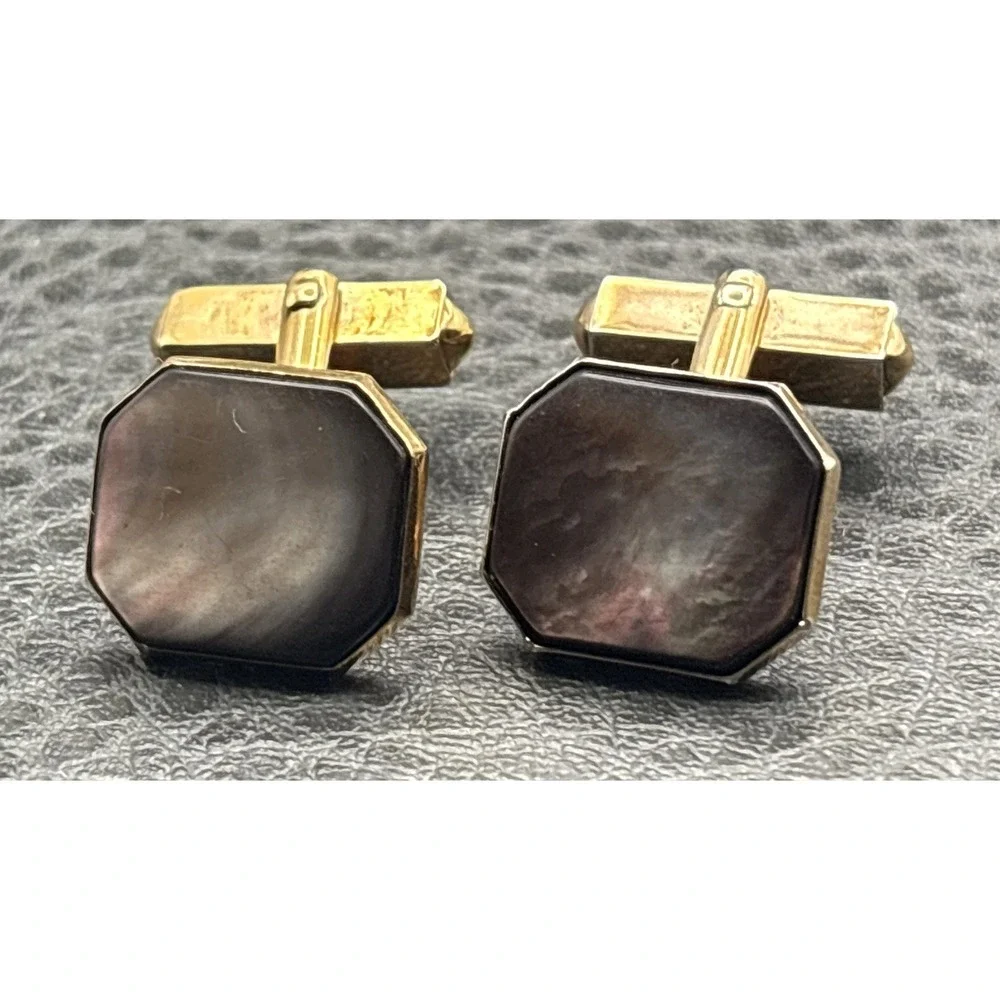 Vintage Swank Dark Mother Of Pearl Abalone Cufflinks Gold Tone